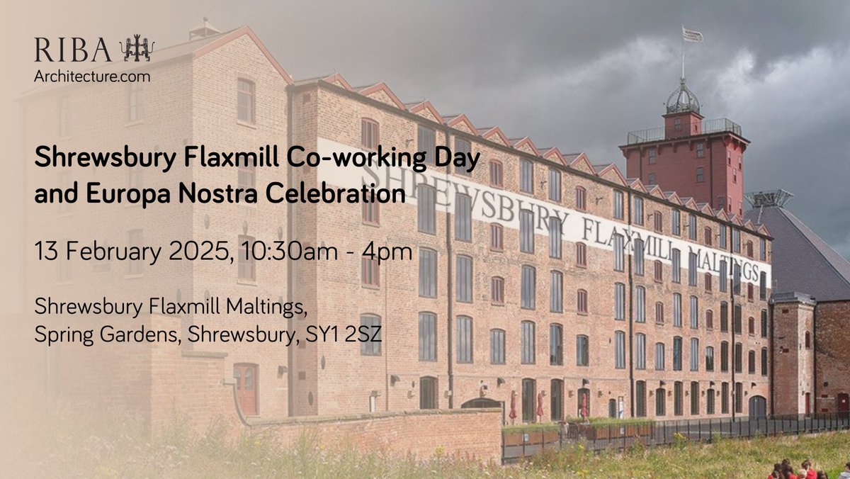 Join RIBA West Midlands on 13 Feb at the Shrewsbury Flaxmill to celebrate its Europa Nostra Award win!

Hear from FCB &amp; Historic England on heritage &amp; sustainability, plus exclusive guided tours.

Perfect for small &amp; emerging practices:  

👉bit.ly/3DLY0YX