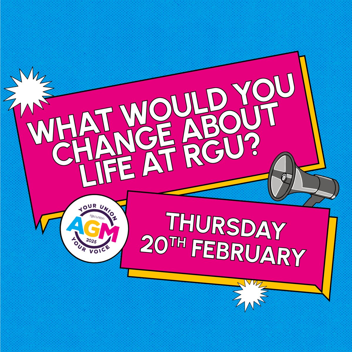 What would you change about life at RGU? Now is your chance to have your say at our AGM on Thursday 20th February! (get that date in your diary!) 💭

Want to know more about the AGM? Head to our website ➡️ loom.ly/pKiXdSs