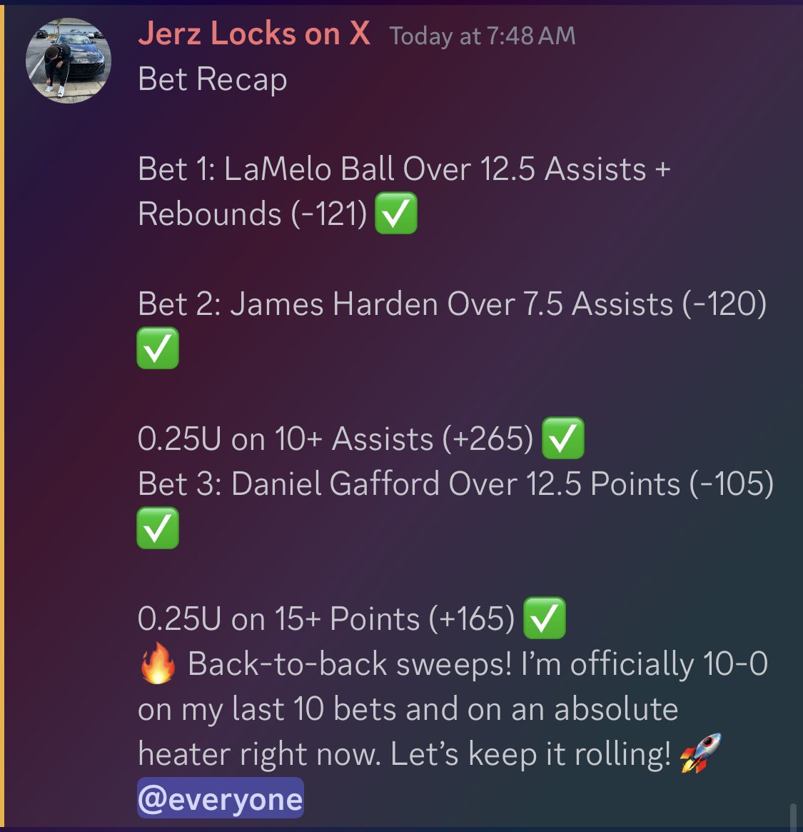 JerzLocks's tweet photo. 🚨🔥 STREAK ALERT! 🔥🚨

✅ HIT my LAST 10 BETS in a row
✅ SWEPT the last 2 DAYS in my FREE Discord

Yes, it’s 100% FREE (for now)! 💸 If you’re tired of missing out on VIP-level plays, now’s the time to join!

👀 Link in bio—don’t wait! 📈 Let’s keep cashing 🤑

#SportsBetting #FreePicks #BettingCommunity #VIPPlays