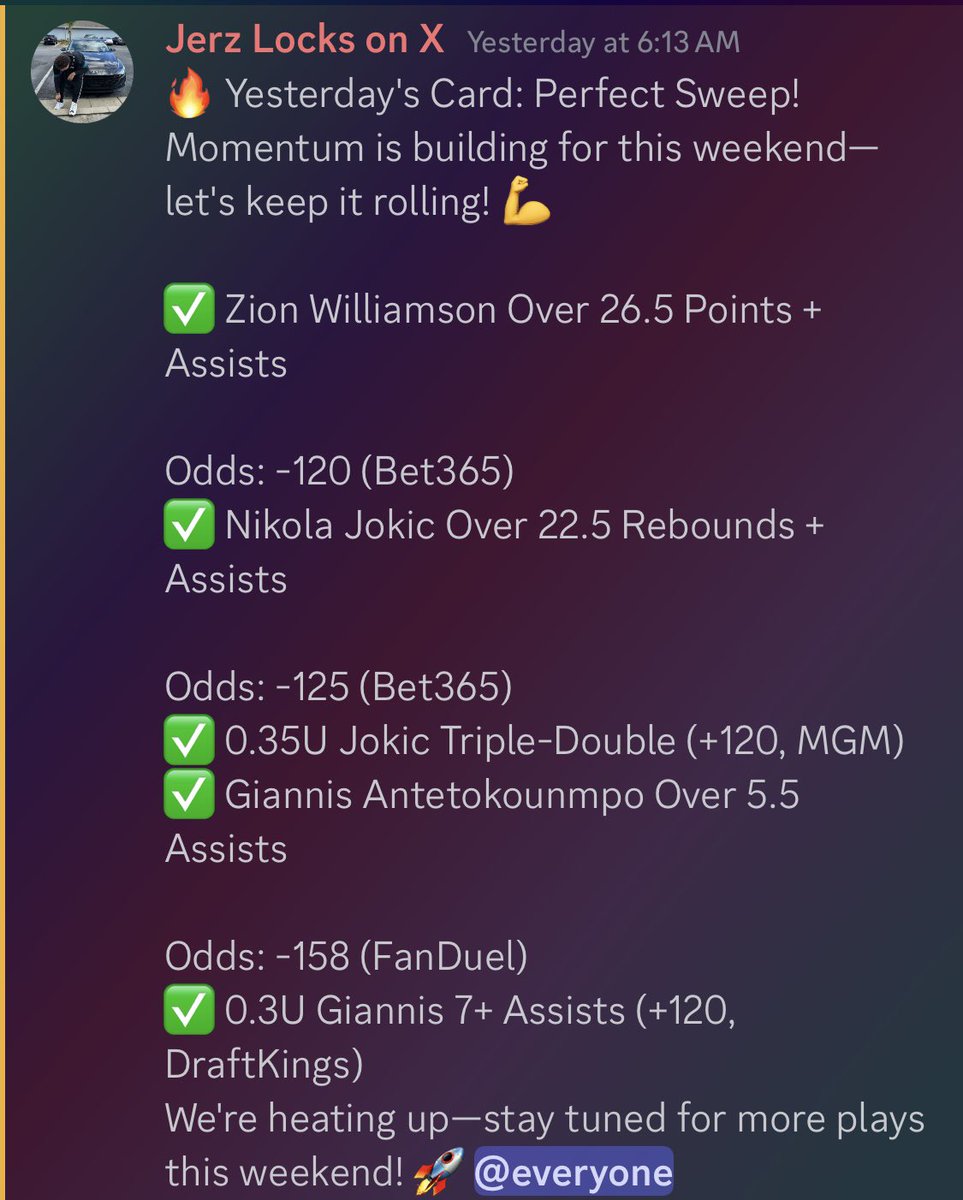 JerzLocks's tweet photo. 🚨🔥 STREAK ALERT! 🔥🚨

✅ HIT my LAST 10 BETS in a row
✅ SWEPT the last 2 DAYS in my FREE Discord

Yes, it’s 100% FREE (for now)! 💸 If you’re tired of missing out on VIP-level plays, now’s the time to join!

👀 Link in bio—don’t wait! 📈 Let’s keep cashing 🤑

#SportsBetting #FreePicks #BettingCommunity #VIPPlays