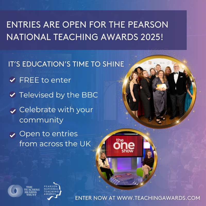 TeachingAwards's tweet photo. The 2025 Pearson National Teaching Awards are open for entries! Know an inspiring individual or team who are making a difference? Give them the recognition they deserve by entering the awards today.