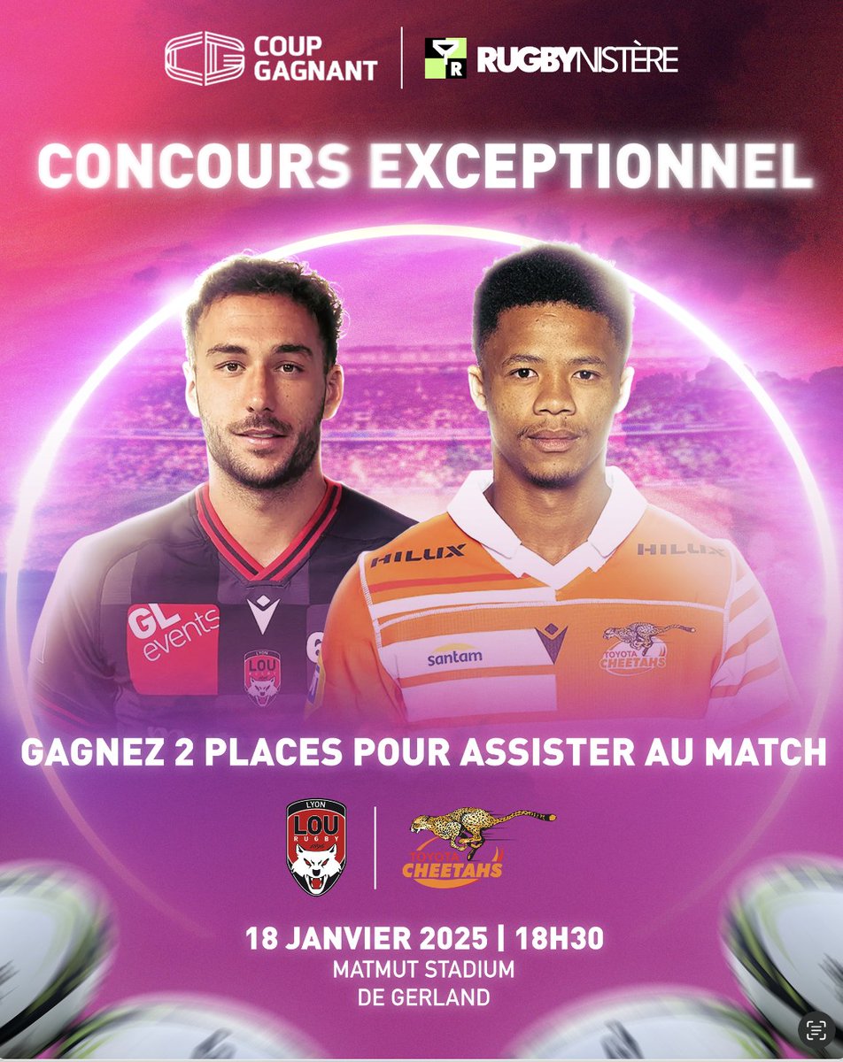 Le rugby, c’est mieux en tribunes ! 🏟️ Gagnez 2 places pour Lyon vs Cheetahs. Commentez sous ce post et participez aussi sur Facebook et Instagram ! 💬🍀 <a href="/Coup_gagnant/">Coup Gagnant</a>