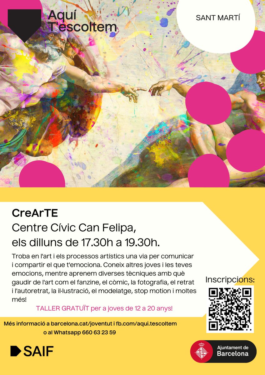 CCCan Felipa (@canfelipa) on Twitter photo 👩🎨 Si tens entre 12 i 20 anys aprofita aquest espai artístic per comunicar i compartir 👇
<a href="/Bcn_SantMarti/">Districte de Sant Martí</a> 👩🎨 Si tens entre 12 i 20 anys aprofita aquest espai artístic per comunicar i compartir 👇
<a href="/Bcn_SantMarti/">Districte de Sant Martí</a>