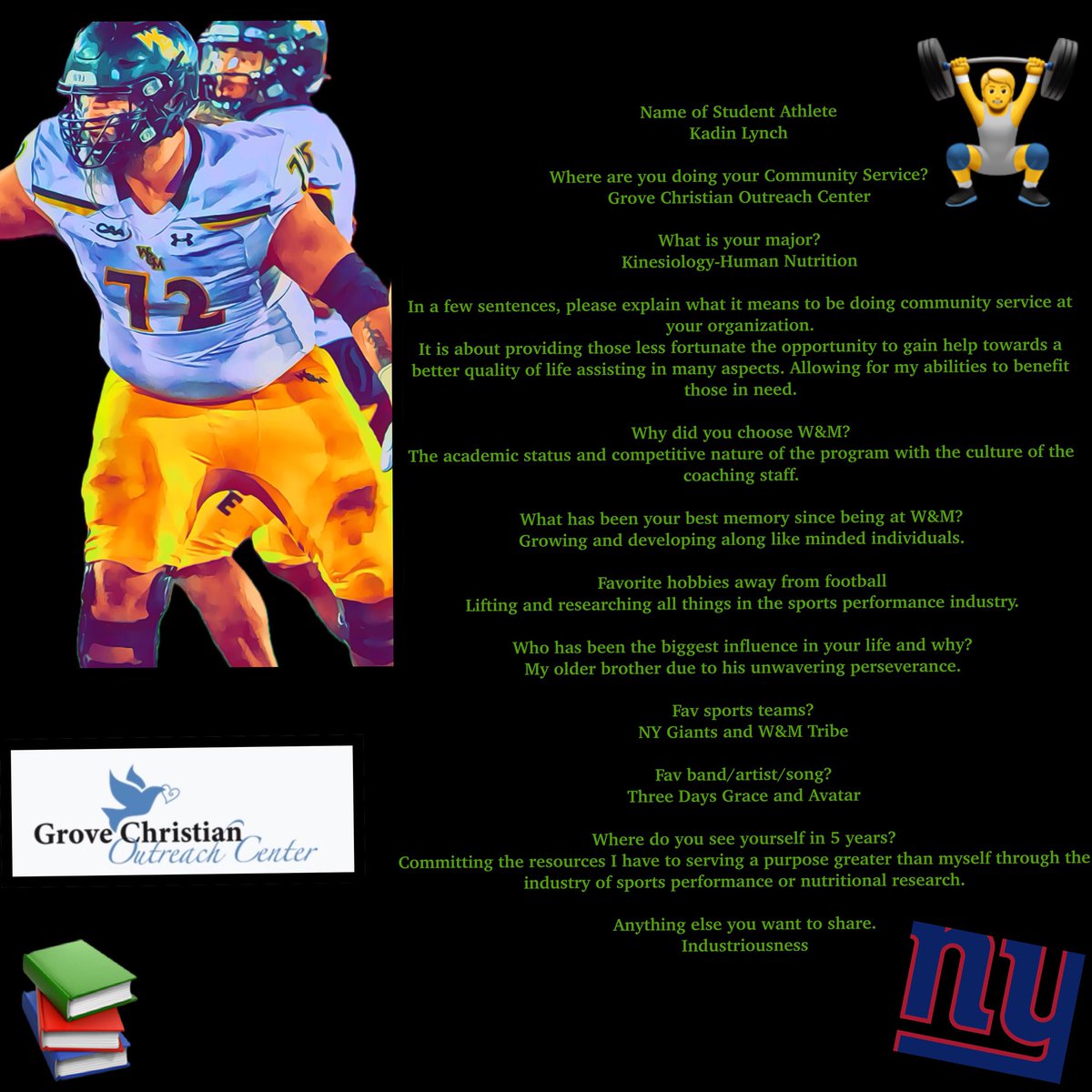 Today, the 1693 Getting To Know highlights one of our big guys in the trenches.

 Kadin Lynch, a 6’4” 310-pound junior from Asheville, NC, is an absolute beast that dominates his defensive foes for the Tribe and helps the OL set the tone on offense.

“It is about providing those