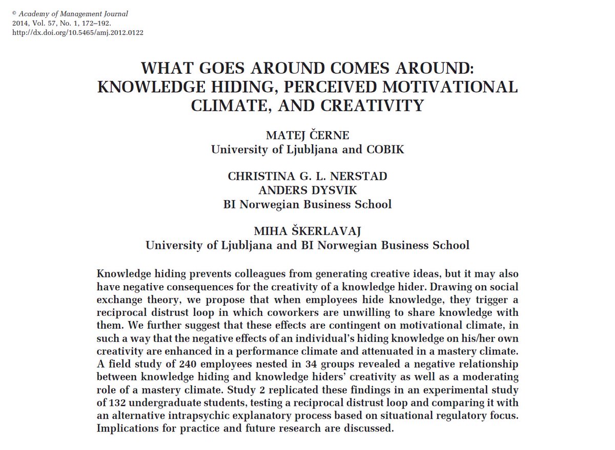 Hiding knowledge from others doesn’t just undermine them. It limits your thinking too.

People who withhold information end up having less creative ideas. Their peers don't trust them enough to share insights with them.

A key to learning is being generous in teaching.