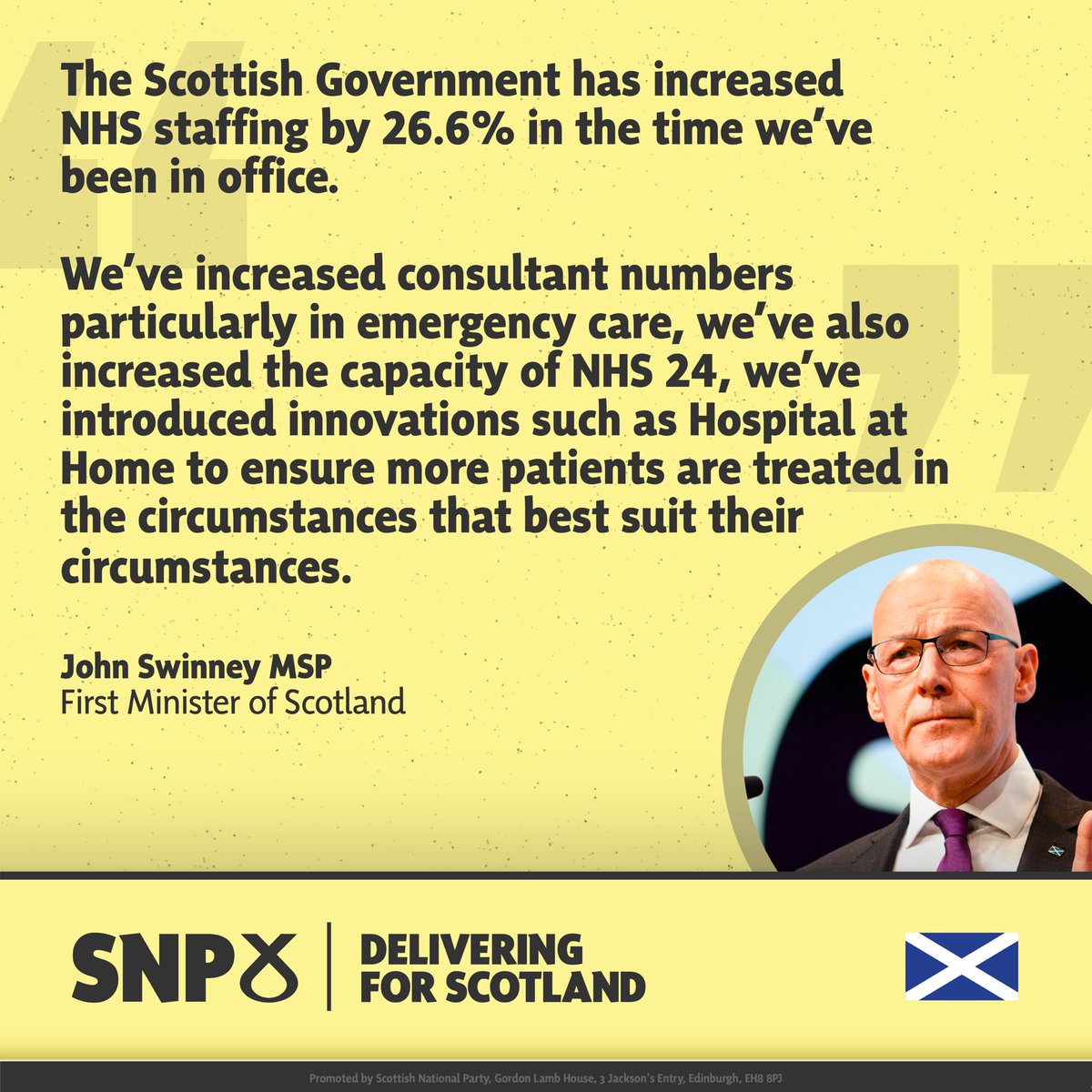 theSNP's tweet photo. Scotland has: 

✅ The best paid NHS staff in the UK. 

✅ The highest number of qualified nurses &amp; midwives in the UK. 

✅ The highest number of GPs in the UK. 

We’ll always stand up for Scotland’s NHS 👇 https://t.co/gH5cQVo3Lv