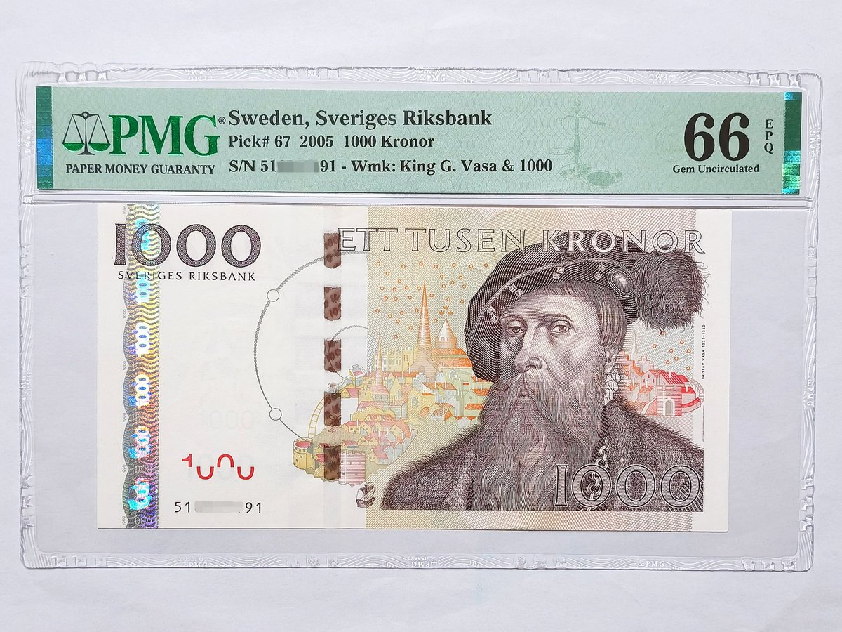 瑞典2005版1000克朗纸币，正面为瓦萨王朝建立者古斯塔夫一世肖像，背景为斯德哥尔摩大教堂16世纪油画《幻日》描绘的斯德哥尔摩城，背面为瑞典地图学家奥劳斯·马格努斯1555年在罗马出版的《北方民族史》关于收成的插图。2006年3月15日推出，为首张使用Motion安全线的纸币  ...