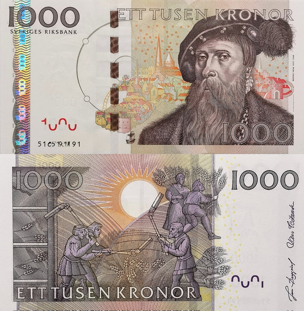 瑞典2005版1000克朗纸币，正面为瓦萨王朝建立者古斯塔夫一世肖像，背景为斯德哥尔摩大教堂16世纪油画《幻日》描绘的斯德哥尔摩城，背面为瑞典地图学家奥劳斯·马格努斯1555年在罗马出版的《北方民族史》关于收成的插图。2006年3月15日推出，为首张使用Motion安全线的纸币  ...
