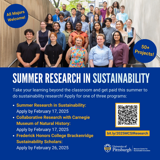 .<a href="/PittMCSI/">Mascaro Center</a>'s  PAID Summer Sustainability Research Opportunities for <a href="/PittTweet/">University of Pittsburgh</a> students are open! Over 50 projects to apply for; students from all majors needed!  Applications due February 17. sustainabilityinstitute.pitt.edu/research/stude…