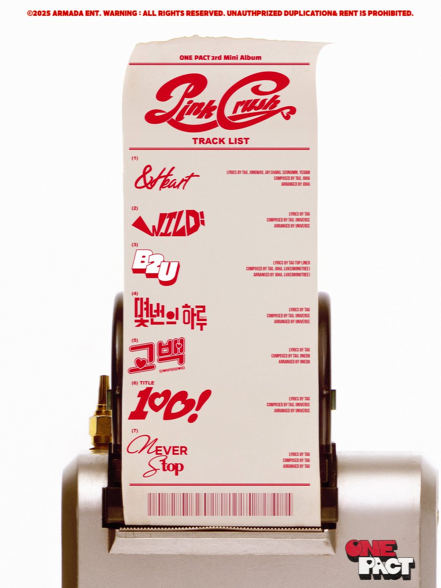 [📢] OIII?? O ONE PACT acaba de revelar a TRACK LIST do seu 3° mini album 'PINK CRUSH' e teremos nada menos que SETE MÚSICAS! 

3rd Mini Album ‘PINK CRUSH’
#ONEPACT #원팩트 
#PINKCRUSH