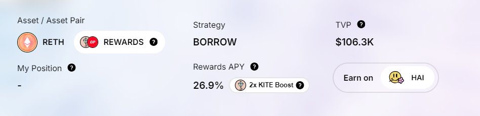 HAI DAO has decided to give $KITE emissions a 2x boost for minting $HAI against $rETH <a href="/Rocket_Pool/">Rocket Pool</a> that is bridged to OP for the next 2 months.

1. Bridge rETH to OP mainnet
2. Get HAI on rETH to earn ~27% APY

🔗👇