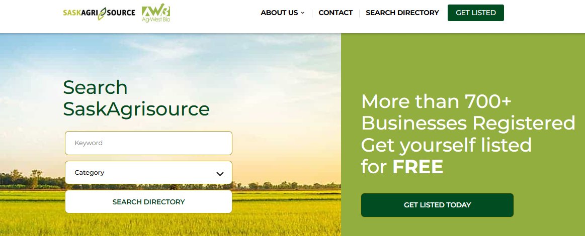Do you know about Sask Agrisource?

Ag-West Bio created the SaskAgrisource database to help promote businesses operating in the agri-value or biobusiness sector in Saskatchewan.

Check out Sask Agrisource today: saskagrisource.ca