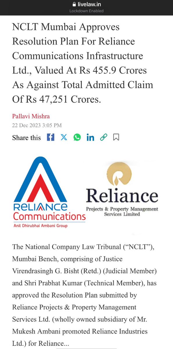 INCKerala's tweet photo. Anil Ambani's Reliance Communication had a debt of ₹47,251 crore. Out of this, he paid only ₹455 crore, while the remaining ₹46,796 crore was written off. There are two possibilities:

a. Either he genuinely had no money, and the banks wrote off the debt completely without seizing his assets.

b. Or he had the money but was unwilling to pay, and the banks and NCLT chose not to take action against him.

If neither of these is true, then please explain this:

Why would any bank lend ₹10,000 crore to a bankrupt businessman to start a solar power plant that won’t even generate 10% profits?

And if he indeed had ₹10,000 crore, what were the Banks, Courts, IT, CBI, ED, NIA, and NCLT doing?