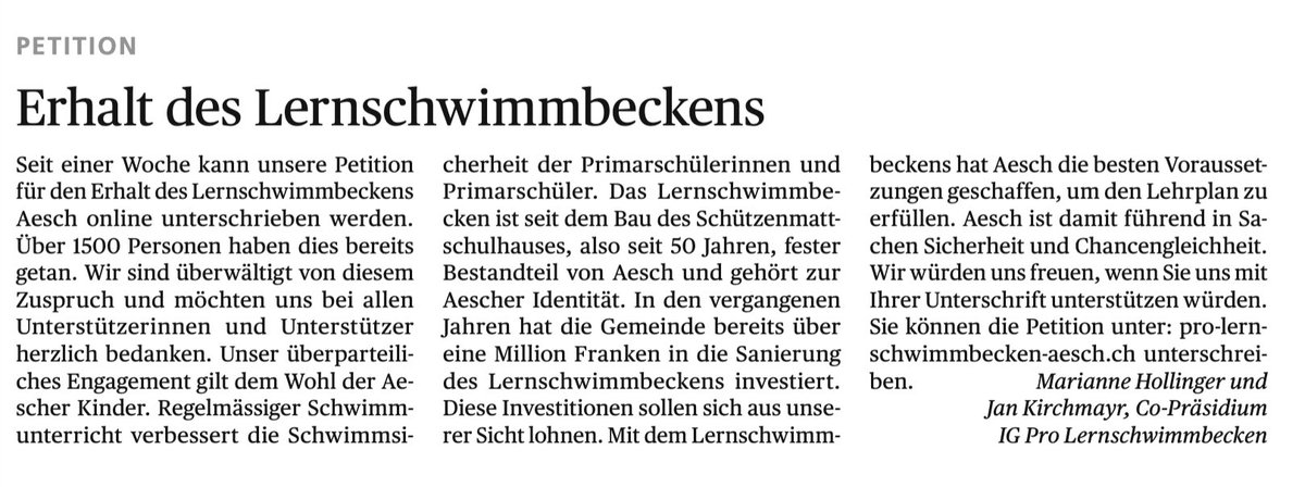 Warum wir uns überparteilich für den Erhalt des Aescher Lernschwimmbeckens einsetzen, erklären die ehemalige Gemeindepräsidentin Marianne Hollinger und ich in einem Leserbrief.
jankirchmayr.ch/2025/01/16/fue…