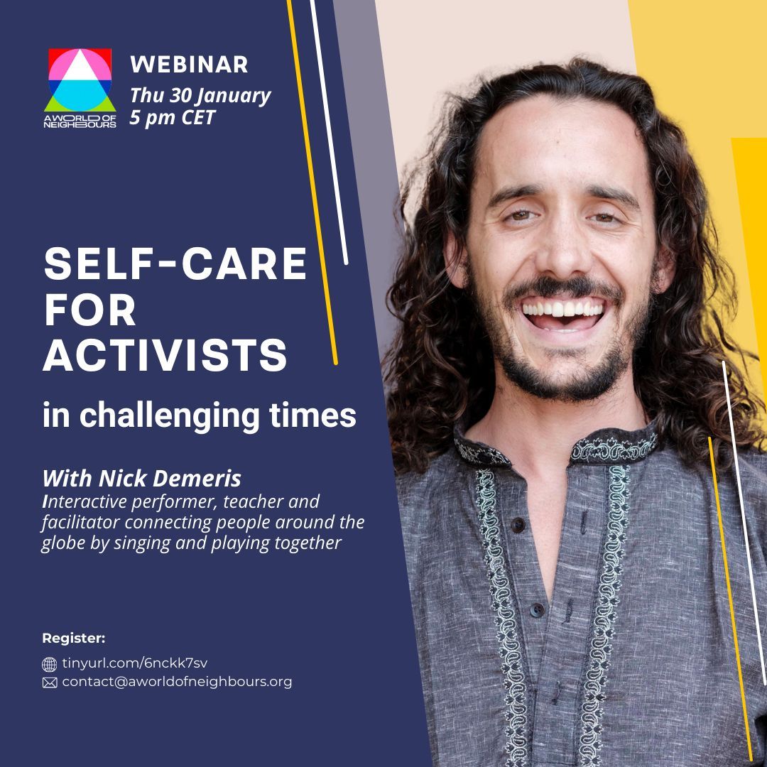 awon_program's tweet image. Join us for our first webinar of the year! We'll hear from Nick Demeris about self-care for activists in challenging times. Nick uses singing to work on wellbeing and restoration of our human bodies and heart.

📅 30 Jan, 5.00 CET / 4.00 GMT / 6.00 EET

🔗 buff.ly/3Wo48wL