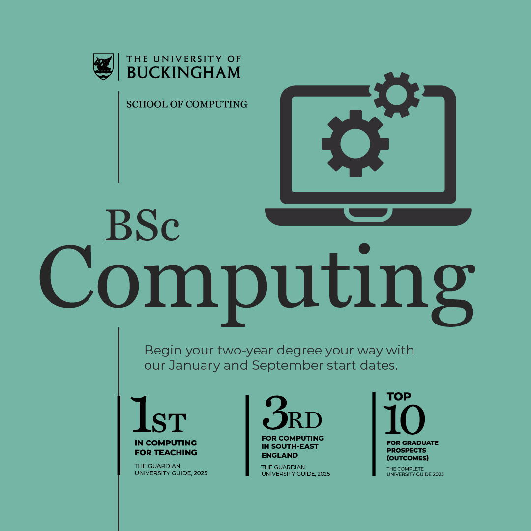 UB_Computing's tweet image. Looking to study in a top-ranked computing school to accelerate your tech career?
Join us this Saturday for our Open Day @UniOfBuckingham and discover two-year accelerated undergraduate degrees in Computing, AI & Robotics and Cyber Security.
Register here: buckingham.ac.uk/event/buckingh…