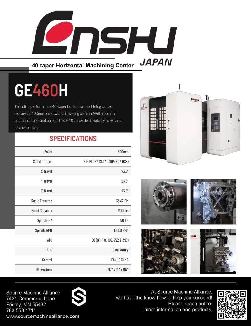 SourceMachineMN's tweet photo. Check out the Enshu USA Corporation GE460H!!

This ultra performance 40-taper horizontal machining center features a 400mm pallet with a traveling column. With room for additional tools and pallets, this HMC provides flexibility to expand its capabilities! https://t.co/uttGCCbz55