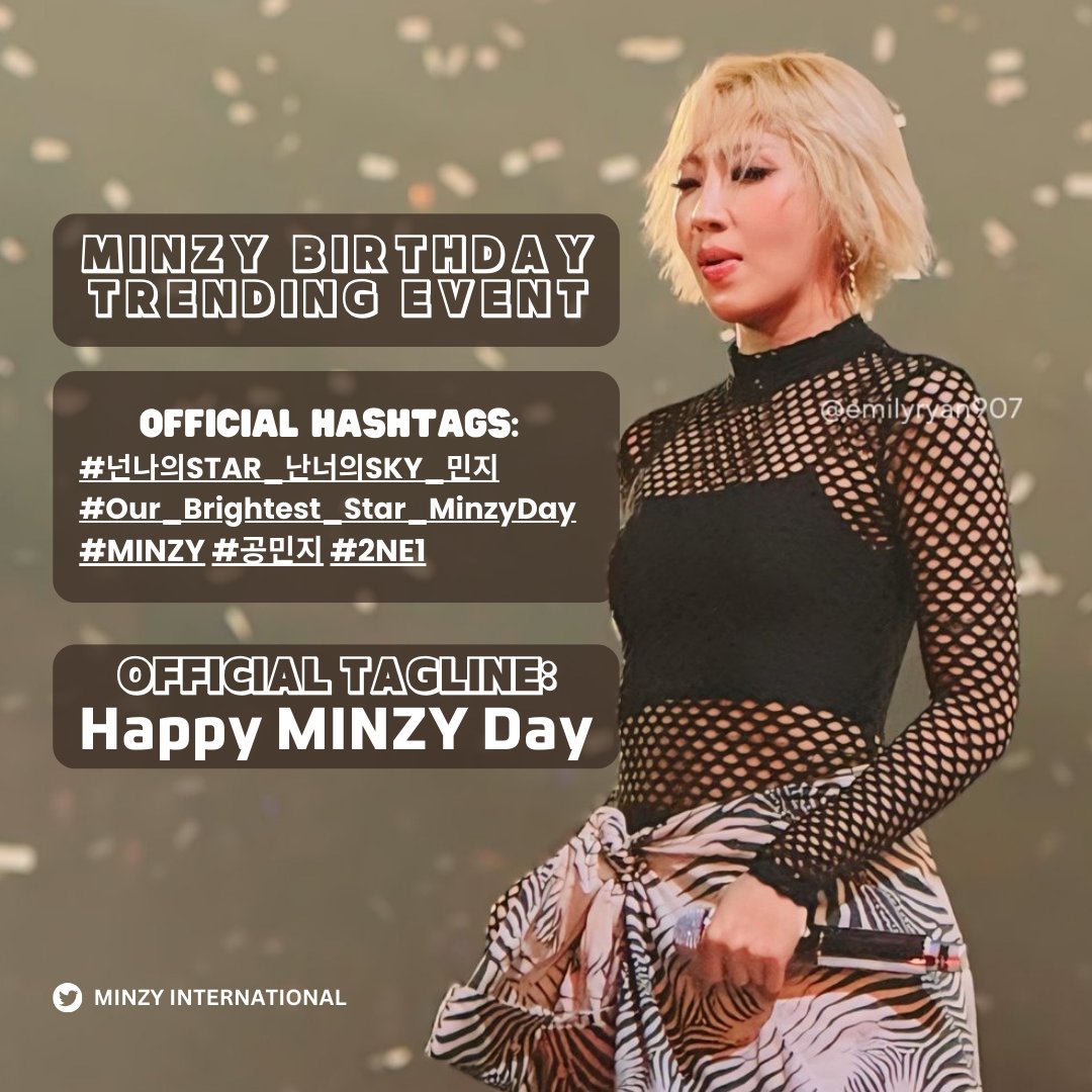 [🎉] #MINZY's BIRTHDAY TRENDING EVENT

Minzy’s 32nd birthday is coming up, and we’re inviting everyone to make it an unforgettable day for our multi-talented queen! Let’s flood socmed with POSitivity to celebrate her special day. 💜

<a href="/mingkki21/">Minzy</a> #공민지 #2NE1 #투애니원