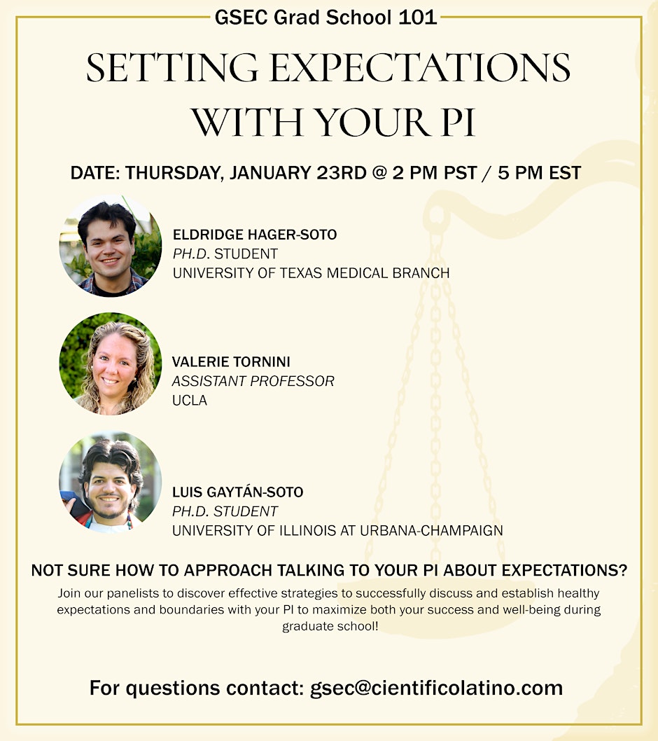Not sure how to approach discussing boundaries and expectations with your PI? Join us Thursday, January 23rd at 2pm PST for our January #CLGSEC Workshop: "Grad School 101: Setting Expectations with Your PI.
REGISTER HERE ⬇️
eventbrite.com/e/grad-school-…
