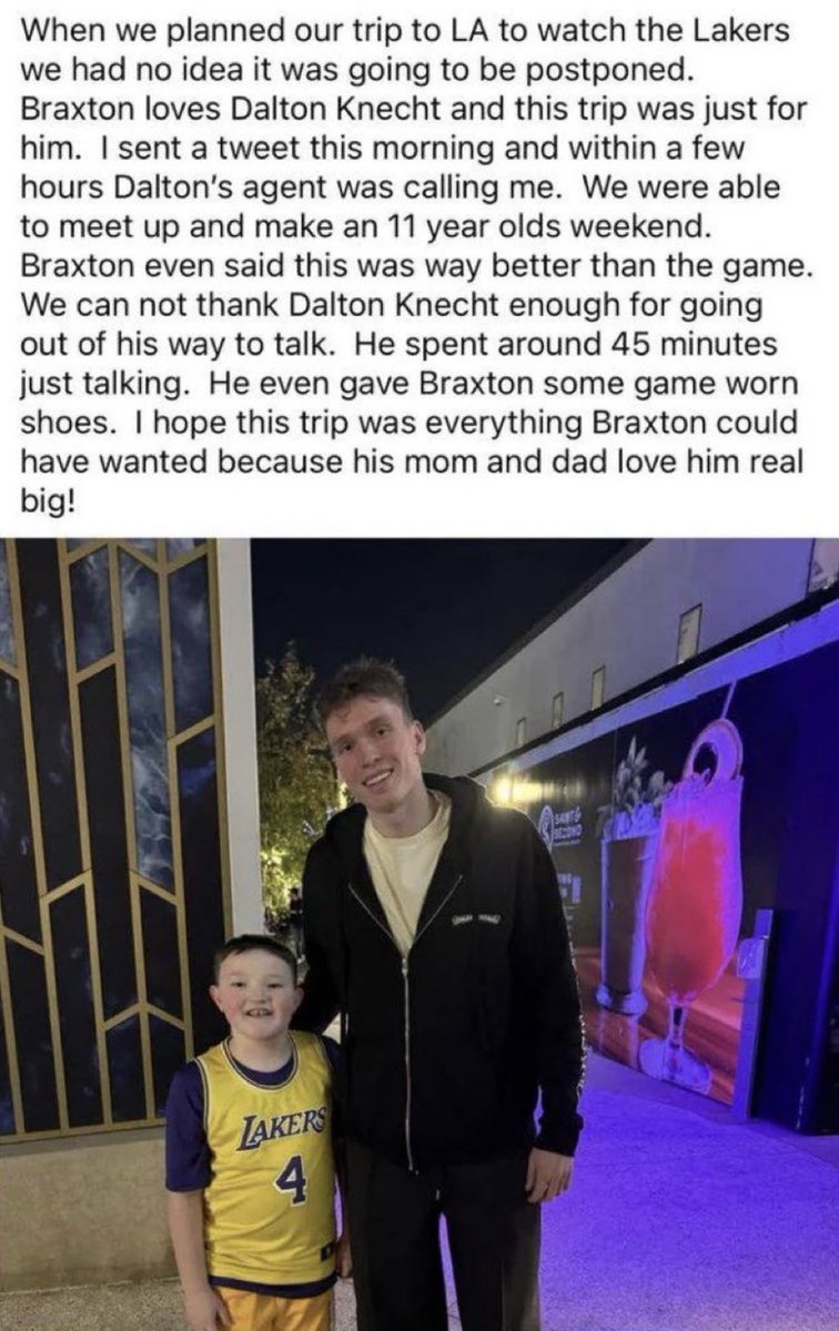 NBALakersReport's tweet image. Kid is a huge Knecht fan and traveled all the way to see him play before finding out the game would be postponed due to the wildfires

Dalton Knecht with a class act coming through to make this kid’s trip 👏💜💛