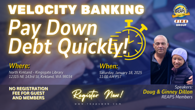 REAPSweb's tweet image. Saturday 11am Kirkland - Learn How to Pay Down Debt Super Quick! Cars, Houses, Student Loans.  Learn more at reapsweb dot com.