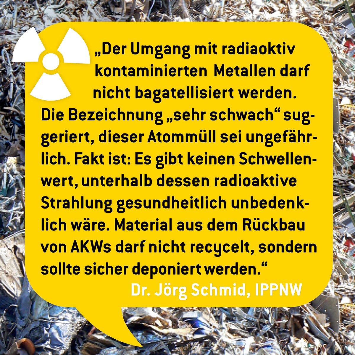 IPPNWgermany's tweet photo. Die #EDF plant in #Fessenheim an der dt./frz. Grenze das Recycling radioaktiv kontaminierter Metallabfälle aus dem #AKW-Rückbau – ohne Kontrollmöglichkeit über die Materialströme. Beteiligt euch bis zum 07. 02. an der Debatte! ☢️Mehr unter: https://t.co/JDQy4J9K0T #Atomschrott https://t.co/9vrPNaid2l
