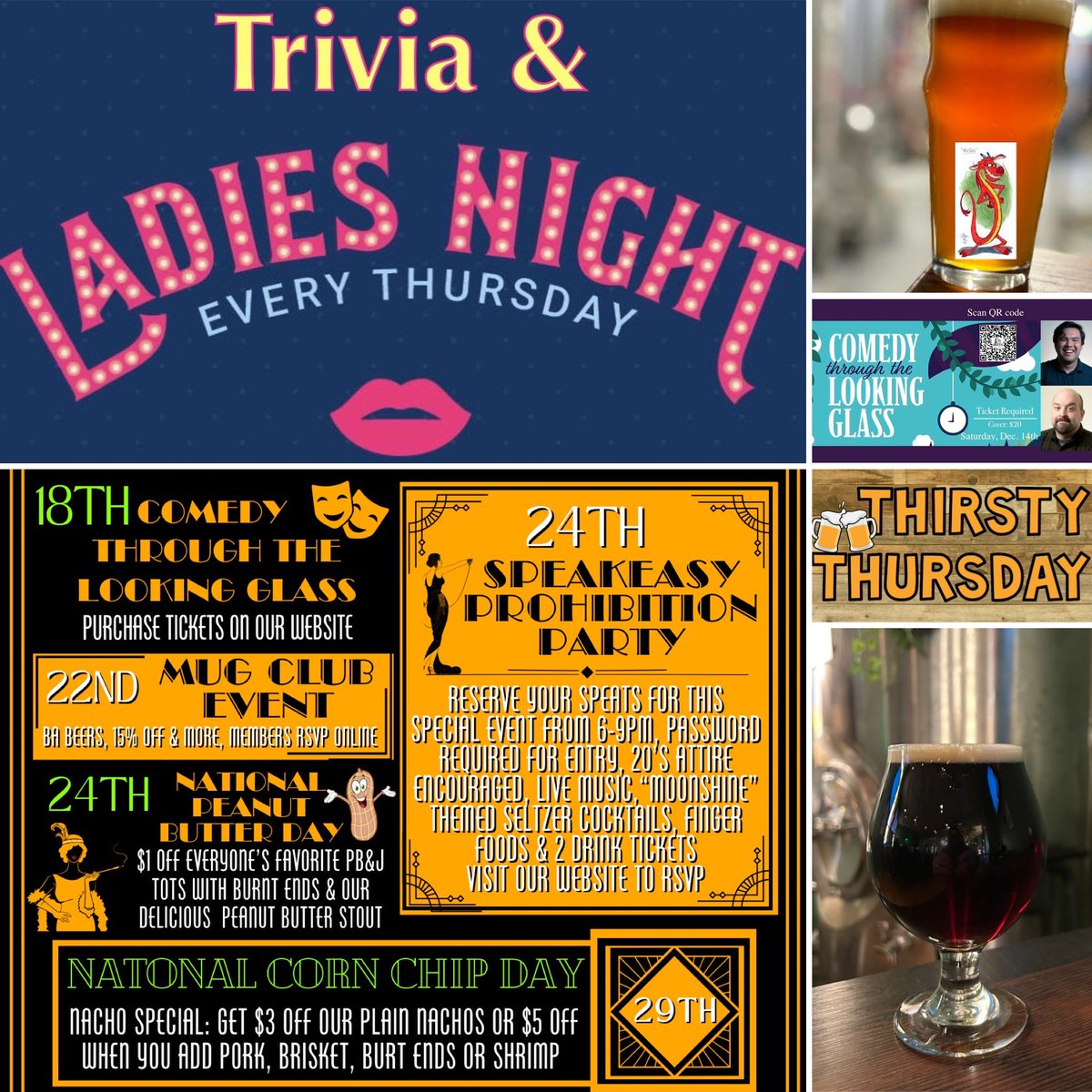 LGBrewingCo's tweet photo. Join us during #thirstythursday 12-9 for tasty #foodspecials #newbrews IPA &amp; Baltic Porter, #dryjanuary we have #mocktails #nitrocoldbrew #nabeers &amp; #hopwater with #happyhour 4-6, #ladiesnight 4-9 &amp; #trivia at 6:30 

Fun events #comedyshow #prohibtionparty https://t.co/KyRqt3Sizo https://t.co/XyylJB1ADz