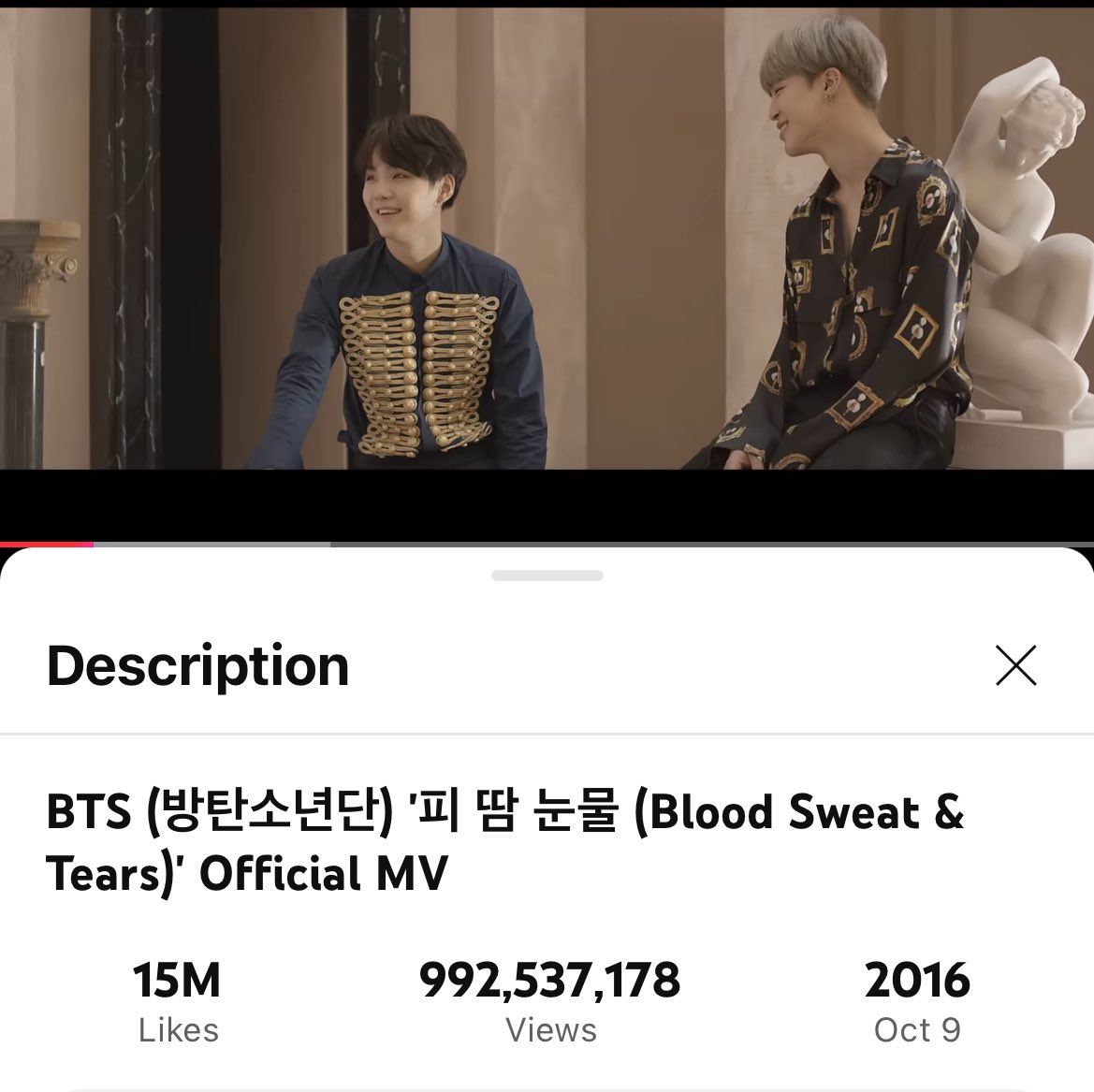 btsdatarchive's tweet image. ‘Blood Sweat &amp;amp; Tears’ is less than 8M away from hitting 1 Billion views on YouTube. 

BTS will tie Bruno Mars, Ariana Grande, Eminem and Katy Perry as the Artist with most Music Videos over 1B views (8).
