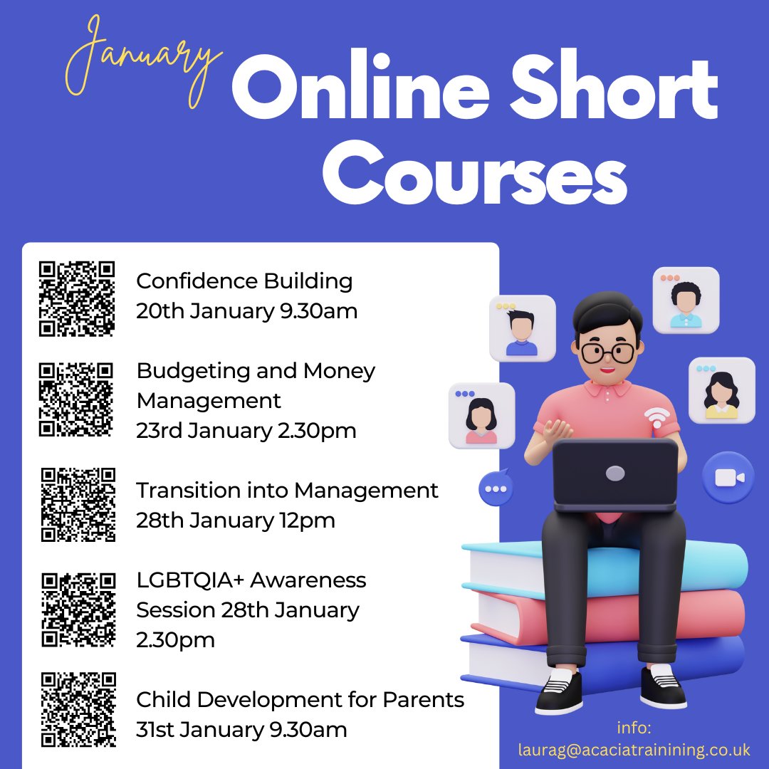 📢 Boost Your Skills This January with Our Online Short Courses! 🌟
Looking to grow personally or professionally? Whether you're building confidence, managing finances, or developing as a parent or leader, we’ve got you covered.
laurag@acaciatraining.co.uk
01782 646346