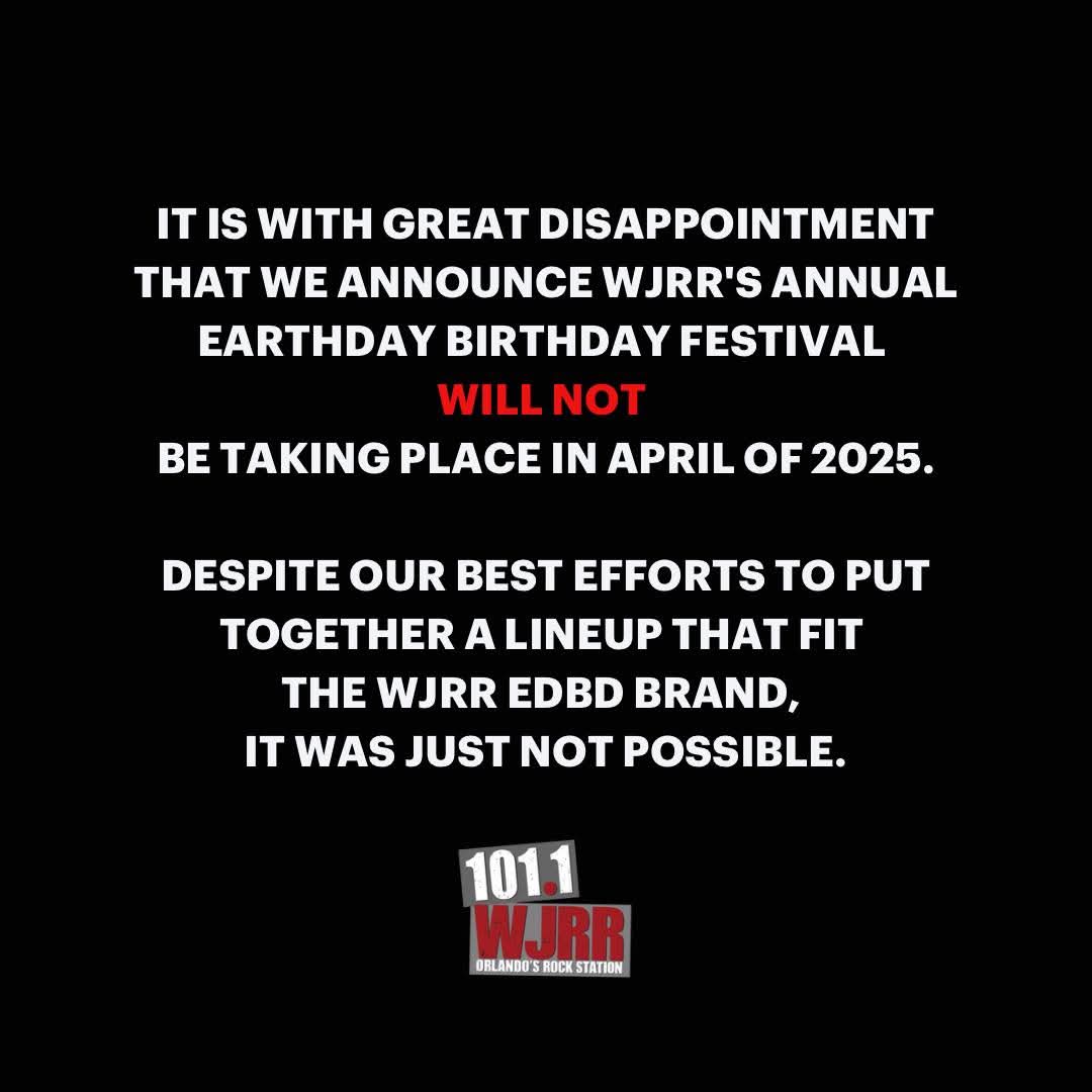 CitySurfOrlando's tweet photo. ORLANDO’S.@1011wjrr The Rock Station  has announced their popular #EarthdayBirthday 🤘 concert event will not take place in 2025. 😥 Details below: https://t.co/OxcnWoDyZs