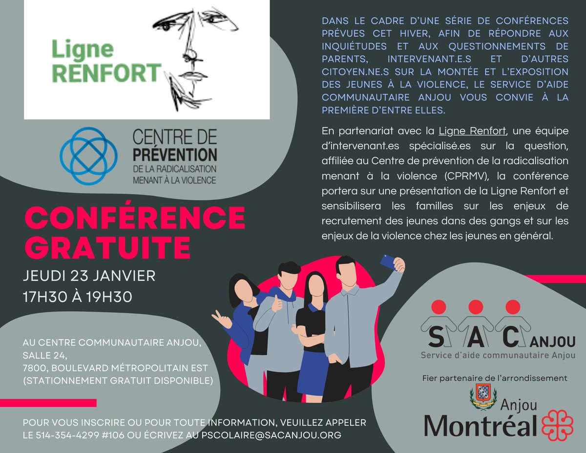 RESALmtl's tweet photo. 📢 Conférence sur les gangs et la violence chez les jeunes

Ne manquez pas le 23 février une soirée d’échanges organisée par Ligne Renfort du @CPRMV, membre du RÉSAL, en collaboration avec le Service d'aide communautaire Anjou.

📸© Service d'aide communautaire Anjou

#Prévention https://t.co/Bh4YeZcnA2