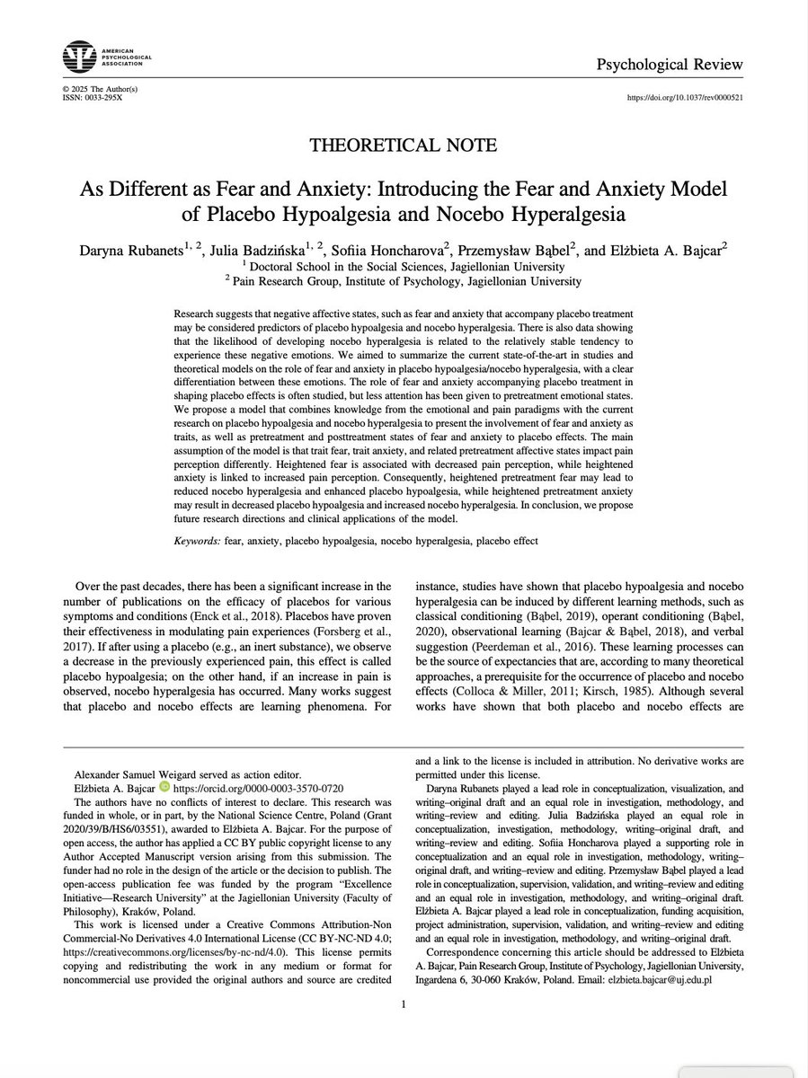 Przemysław Bąbel (@przemyslawbabel) on Twitter photo Our new paper is out in Psychological Review by <a href="/APA/">American Psychological Association</a>! 🎉 We present a theoretical model on the role of #fear and #anxiety (traits + pre/posttreatment states) in #placebo effects, bridging emotional and pain paradigms with research on placebo hypoalgesia & #nocebo hyperalgesia. Our new paper is out in Psychological Review by <a href="/APA/">American Psychological Association</a>! 🎉 We present a theoretical model on the role of #fear and #anxiety (traits + pre/posttreatment states) in #placebo effects, bridging emotional and pain paradigms with research on placebo hypoalgesia & #nocebo hyperalgesia.