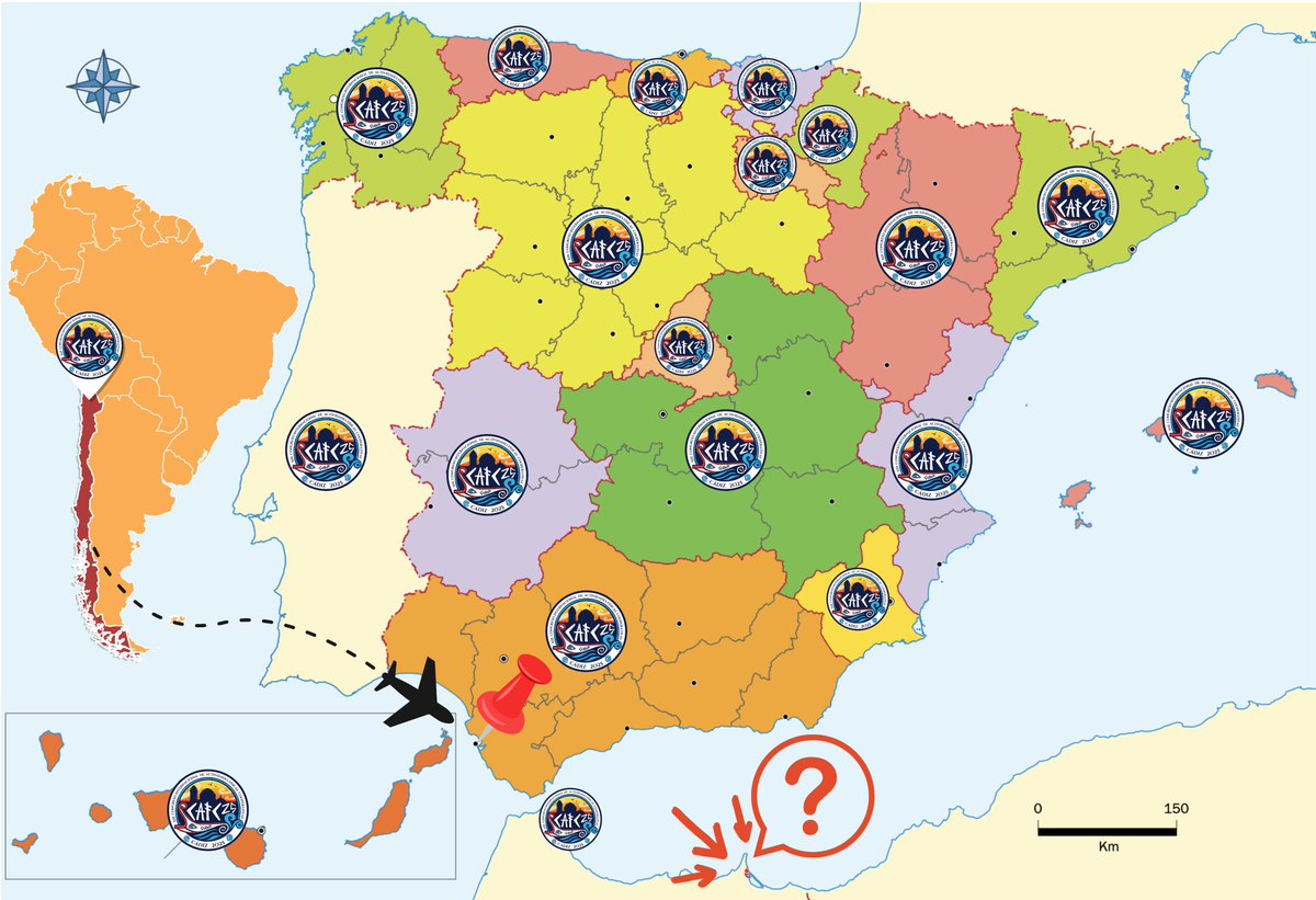 CAfc2025's tweet photo. Tras las dos últimas inscripciones completamos la península ibérica (excepto Andorra).

Sólo queda Melilla para el pleno de España. Si cogen 🚁 o 🛳️ para venir a Cádiz y hacer la inscripción "in situ", lo mismo llegan. Si vienen por carretera, lo mismo no😅

Chile también estará. https://t.co/qSn4aGWPVC
