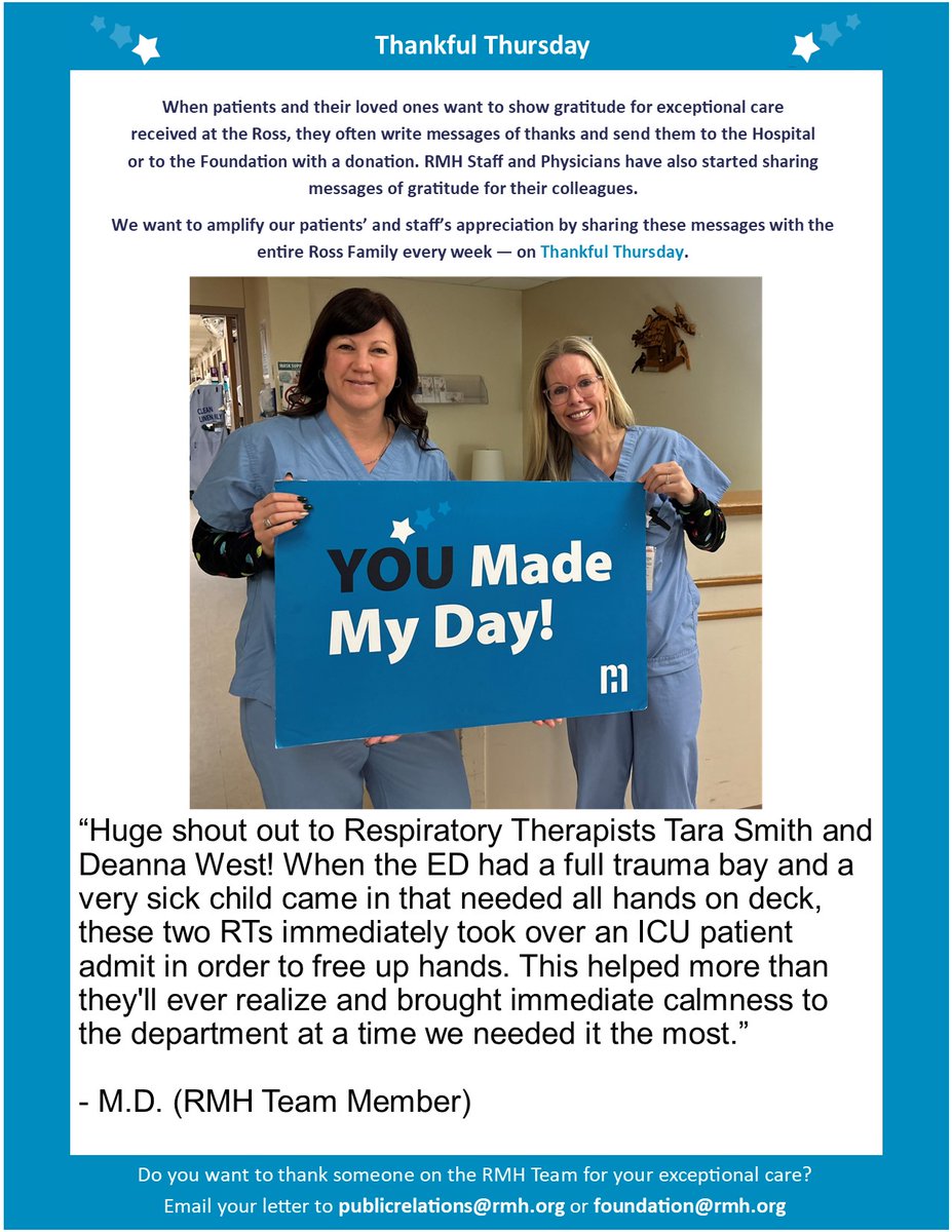 RossMemorial's tweet photo. Happy #ThankfulThursday!

Share your positive experiences with team members at the Ross to publicrelations@rmh.org if you'd like to have them recognized on a future Thankful Thursday. https://t.co/VfKxaWYHdu
