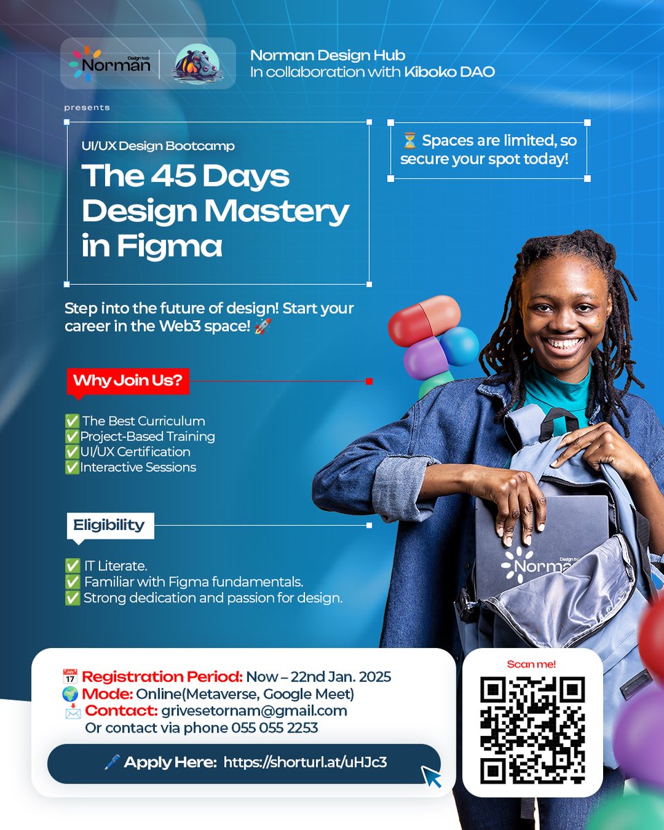 Norman Design Hub now Partnering with Kiboko DAO Presents: The 45 Days Design Mastery in Figma
<a href="/KibokoDAO/">KibokoDAO Africa</a> <a href="/kibokodao_ghana/">KIBOKO DAO GHANA</a> 

Unlock the art of exceptional design and elevate your skills! 🚀...  Deadline has been extend.
🖊 Apply Here: shorturl.at/uHJc3