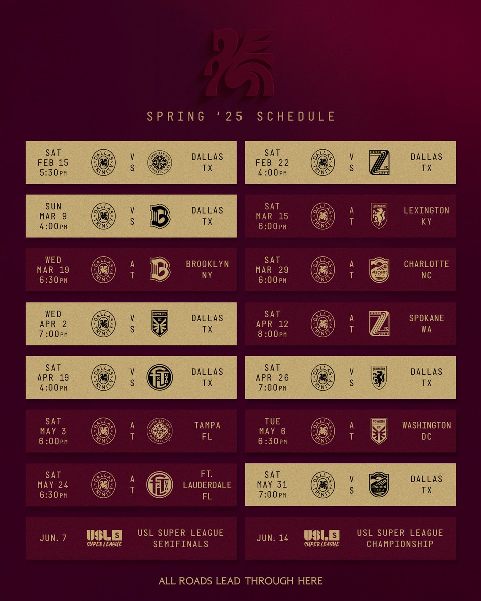 dallastrinityfc's tweet photo. Spring schedule loading….⏰🔥Tickets are live in our bio, and our ticket reps can be contacted at 866-383-2849 or at tickets@dallastrinityfc.com https://t.co/iZjYpAbwYs