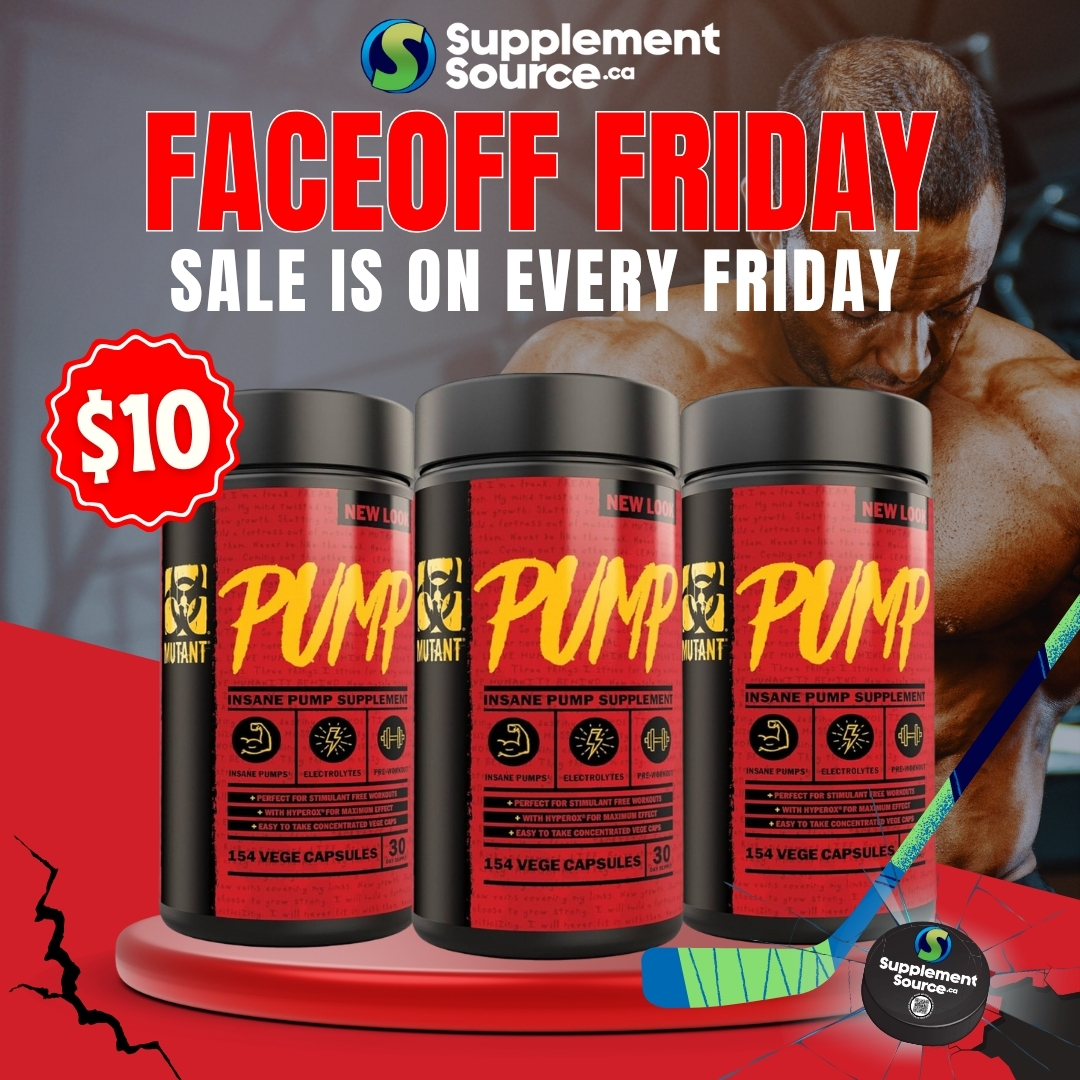 suppsourceca's tweet image. Face Off Friday! 🏒 Every Friday, we drop the puck on a blowout deal at SupplementSource.ca! 🥅 Today: Mutant PUMP (Pre-Workout), 154 VCaps for just $10 (Reg. $39.95)! Dominate your workout with unmatched pumps! ⏳🔥

#FaceOffFriday #MutantPUMP #BlowoutSale #SupplementSource
