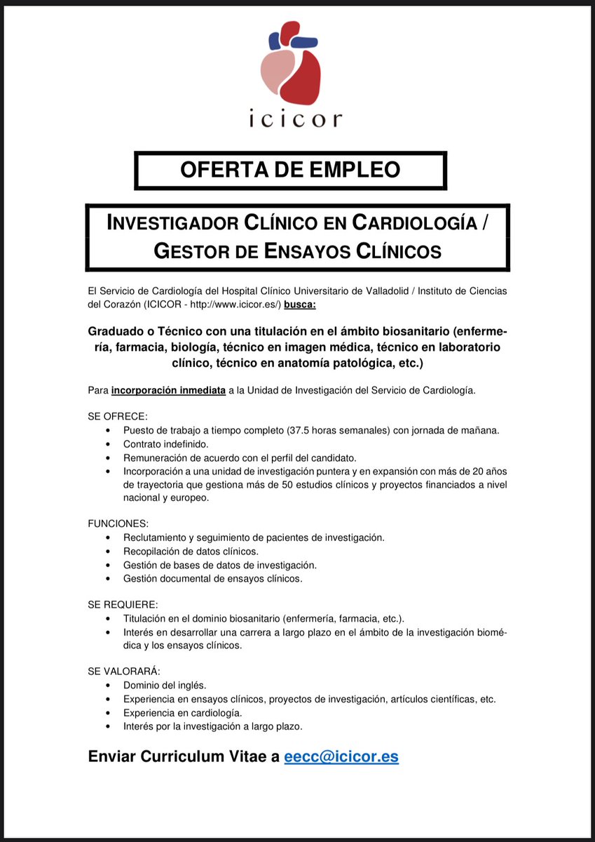 Ignacio J. Amat (@ignamatsant) on Twitter photo Una oportunidad laboral única para los que tengan el gusanillo de la investigación 🔬 ❤️
<a href="/secardiologia/">Soc Esp Cardiología</a> <a href="/EnfValladolid/">Colegio Enfermería Valladolid</a> <a href="/AyuntamientoVLL/">Ayto. de Valladolid</a> <a href="/sacyl/">Sacyl</a> <a href="/ClinicoInterna/">Medicina Interna Clínico Valladolid</a> <a href="/AnestesiaHCUV/">ANESTESIA HCUV</a> Una oportunidad laboral única para los que tengan el gusanillo de la investigación 🔬 ❤️
<a href="/secardiologia/">Soc Esp Cardiología</a> <a href="/EnfValladolid/">Colegio Enfermería Valladolid</a> <a href="/AyuntamientoVLL/">Ayto. de Valladolid</a> <a href="/sacyl/">Sacyl</a> <a href="/ClinicoInterna/">Medicina Interna Clínico Valladolid</a> <a href="/AnestesiaHCUV/">ANESTESIA HCUV</a>