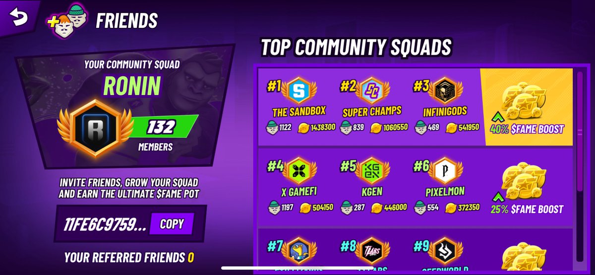 The easiest way to get free $FAME from <a href="/RumbleKongs/">Rumble Kong League</a> is to join the <a href="/Ronin_Network/">Ronin</a> squad. Let’s snag that top spot away from Sandbox. 

rumblekongleague.com/referral?code=…