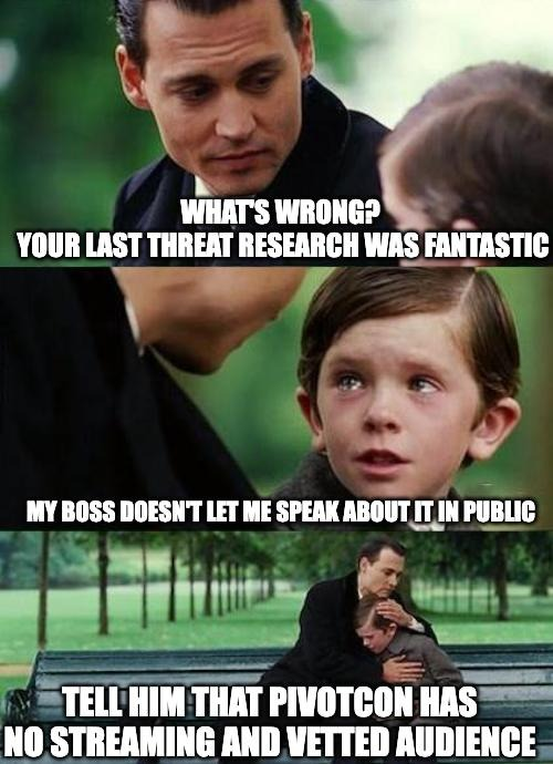 pivot_con's tweet photo. You've done #ThreatResearch and have findings you'd like to share with the wider #CTI #ThreatIntel community to make an impact, but you can't make the public presentation? 
We have a solution 👉 send a #CfP proposal to #PIVOTcon25 #PIVOTcon ! 
🌐https://t.co/m54mFV0cwC https://t.co/d0N8aQGYo4