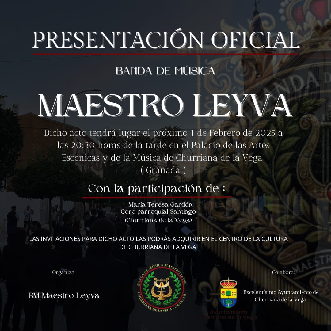 Estamos muy felices de poder compartir que el próximo día 1 de Febrero se celebrará la presentación oficial de nuestra formación, la Banda de música Maestro Leyva, en honor a nuestro amigo y compañero D. Antonio Ricardo Megías Leyva.