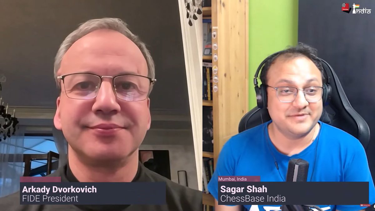 FIDE_chess's tweet photo. FIDE President Arkady Dvorkovich gave an interview to Sagar Shah from Chessbase India. 

They talked about the achievements of 2024 and FIDE's exciting plans for 2025. 🏆

📺 Watch the full interview here: 
https://t.co/rNKeAUqvzA https://t.co/aVQvq8gTdP