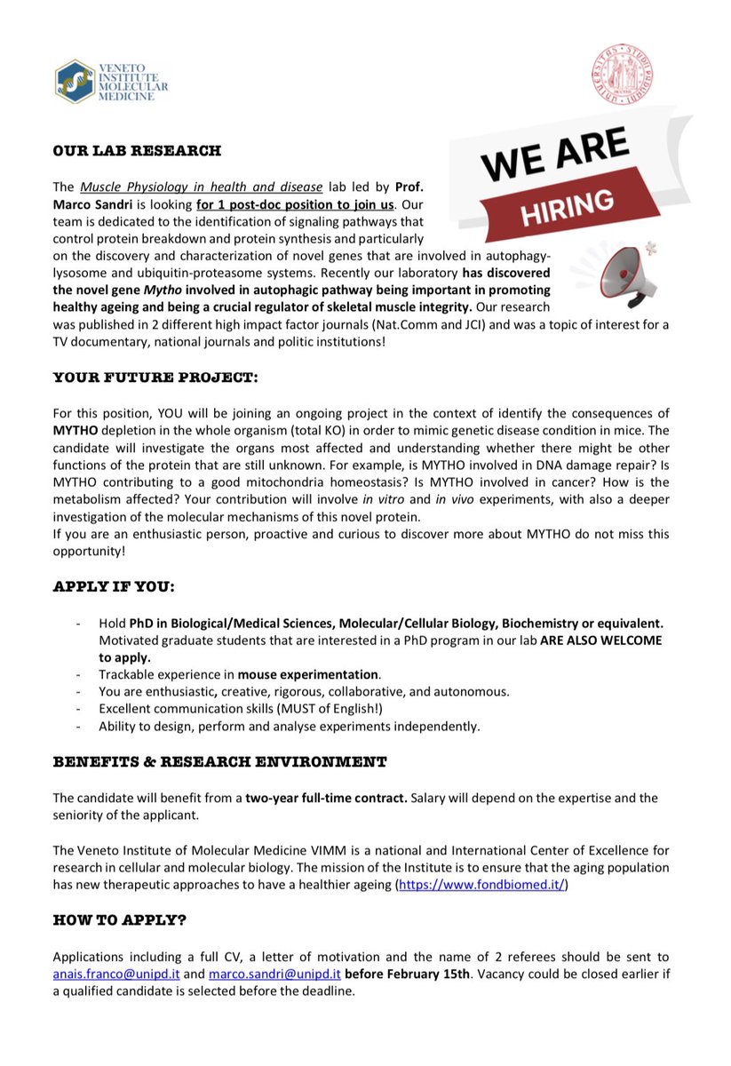 Hello community! 
WE ARE HIRING! ☺️🧬

Are you looking for Post-doc positions ??? 
Or are you a Master student looking for PhD? 
Are you enthusiastic, creative and rigorous person interested in molecular biology? 

Do not miss this opportunity in <a href="/LabSandri/">Sandri_Lab</a>  !!!