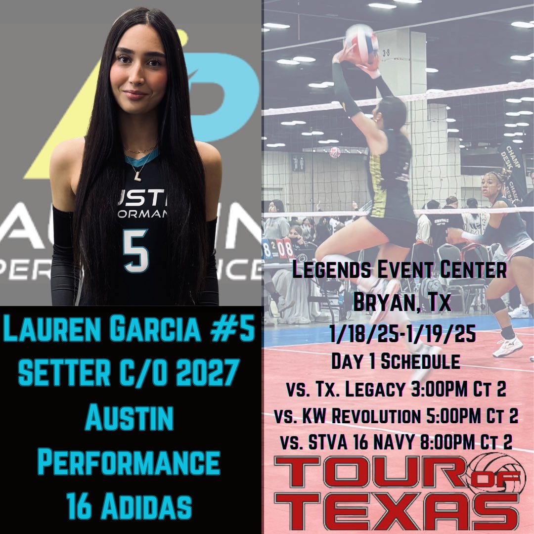 LaurenGVB2027's tweet photo. Tour of Texas this weekend 🩵🏐🔥!! Day 1 schedule at Legends Event Center in Bryan, Tx. #austinperformance #16adidas https://t.co/5IFLxlYdMn