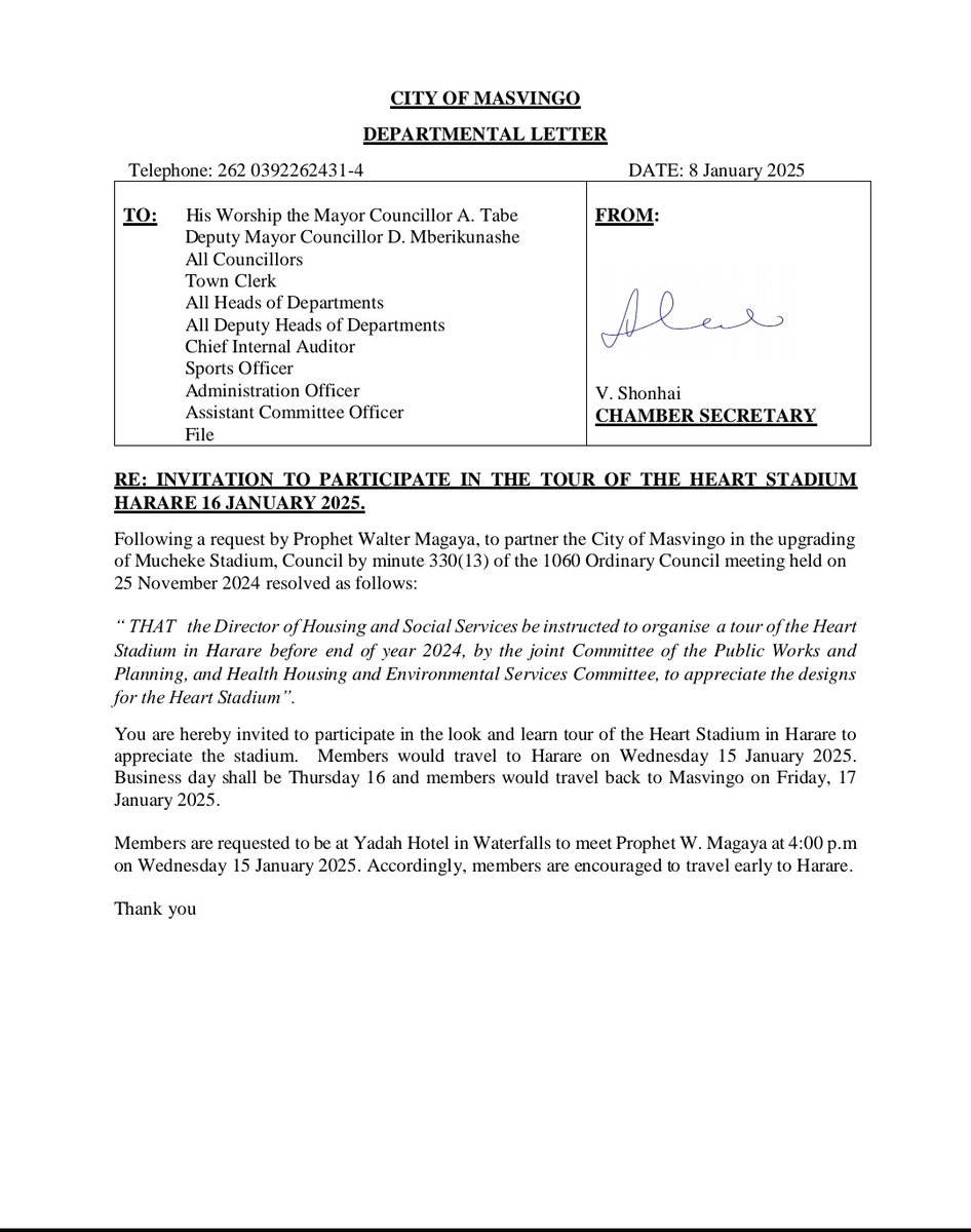 2. The implementation of resolution 330(13) of 1060 ordinary Council session demands us that we upgrade the stadium in our pursuit for this stadium to meet <a href="/online_zifa/">Zimbabwe Football Association</a> standards. Masvingo is a home of sports and we should not deprive our community the opportunity to enjoy soccer