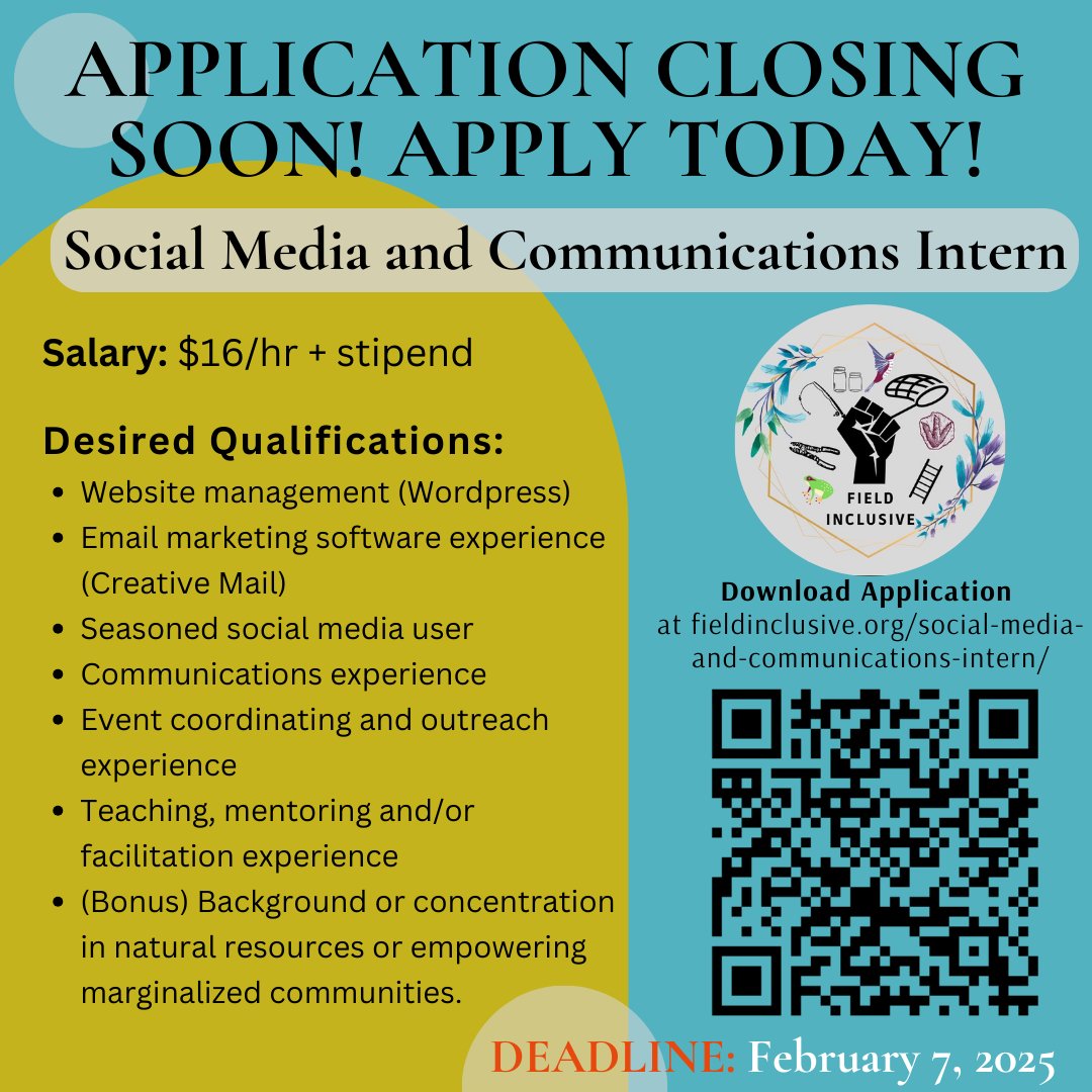 FieldInclusive's tweet image. There's still time to apply for our Social Media and Communications Internship position! Be sure to get your applications in by this Friday!
Link to apply: fieldinclusive.org/social-media-a…