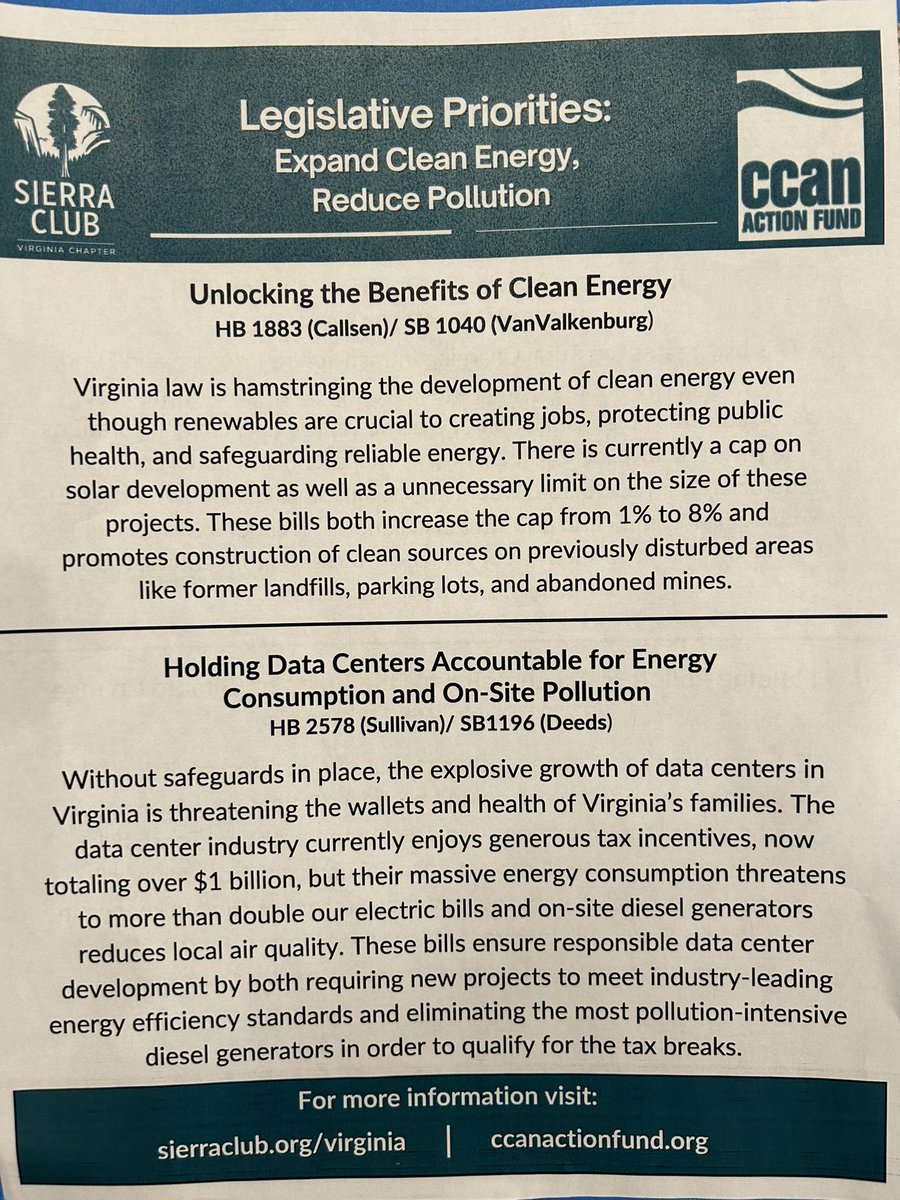 SierraClubVirg1's tweet photo. .@vasierraclub and @CCAN environmental champions are lobbying at the #VaGeneralAssembly today to forge a brighter, cleaner, and livable future for ALL Virginians! https://t.co/pdjSliQgV4