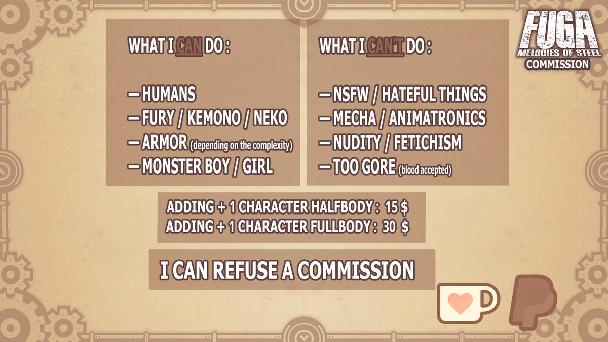 Efter_delta's tweet image. Hello ! Here&apos;s my new pricesheet for my #FUGA&apos;s style commissions ! 🐾
Here&apos;s all the informations you need ! If you have any questions, do not hesitate !

#FugaMelodiesOfSteel #戦場のフーガ #Fuga2 #commission #furryart #art