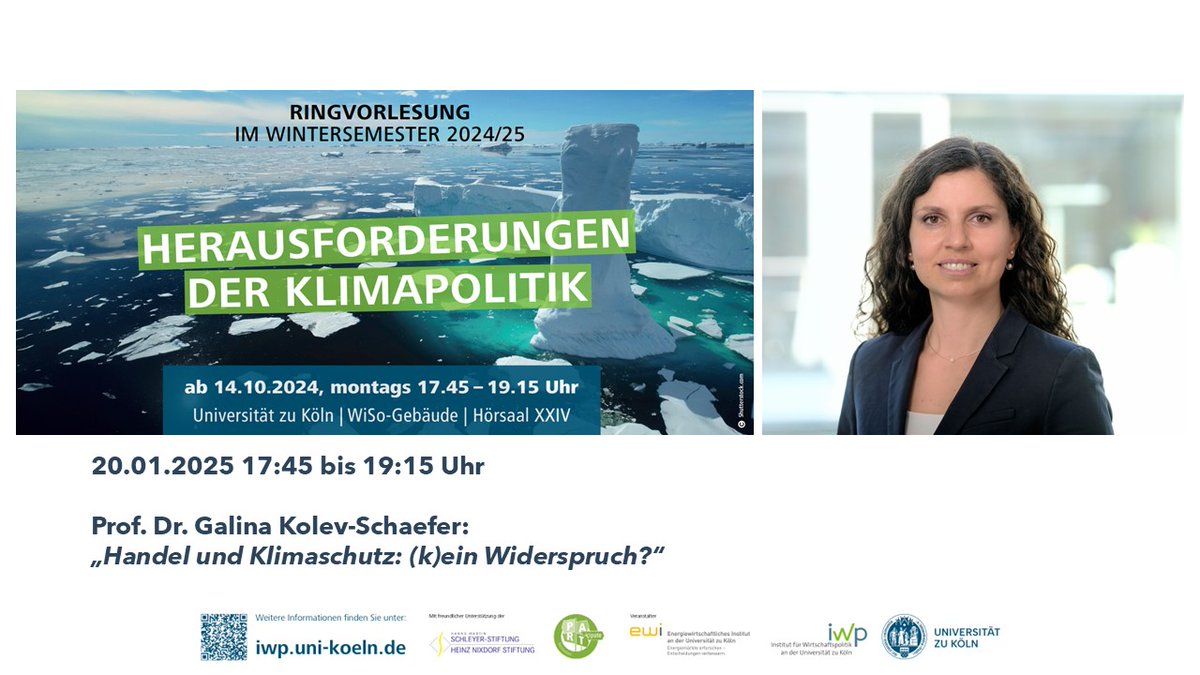 IWP Uni Köln (@iwp_uni_koeln) on Twitter photo Wir freuen uns, in unserer Ringvorlesung „Herausforderungen der Klimapolitik" in Zusammenarbeit mit dem <a href="/ewi_koeln/">EWI</a> am kommenden Montag einen Vortrag von <a href="/galina_kolev/">Galina Kolev</a> von der TH Köln und dem <a href="/iw_koeln/">Institut der deutschen Wirtschaft</a> zum Thema „#Handel und #Klimaschutz: (k)ein Widerspruch?" zu hören. Wir freuen uns, in unserer Ringvorlesung „Herausforderungen der Klimapolitik" in Zusammenarbeit mit dem <a href="/ewi_koeln/">EWI</a> am kommenden Montag einen Vortrag von <a href="/galina_kolev/">Galina Kolev</a> von der TH Köln und dem <a href="/iw_koeln/">Institut der deutschen Wirtschaft</a> zum Thema „#Handel und #Klimaschutz: (k)ein Widerspruch?" zu hören.