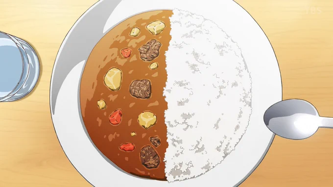 綺麗にカレールーとご飯が半分ずつのカレー作画だ 